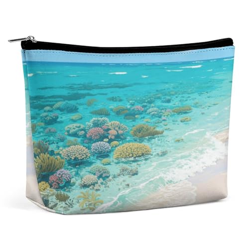 Wasserdichte Reise-Make-up-Tasche, Organizer, PU-Leder, Korallenriff, Küste, Kosmetiktasche, kleiner Kulturbeutel, niedlich, tragbare Reißverschlusstasche für Damen und Herren, Reisezubehör von KOAYUBFC