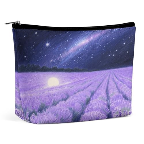Wasserdichte Reise-Make-up-Tasche, Organizer, PU-Leder, Lavendelfeld, Sternenhimmel, Kosmetiktasche, kleiner Kulturbeutel, niedlich, tragbare Reißverschlusstasche für Damen und Herren, Reisezubehör von KOAYUBFC