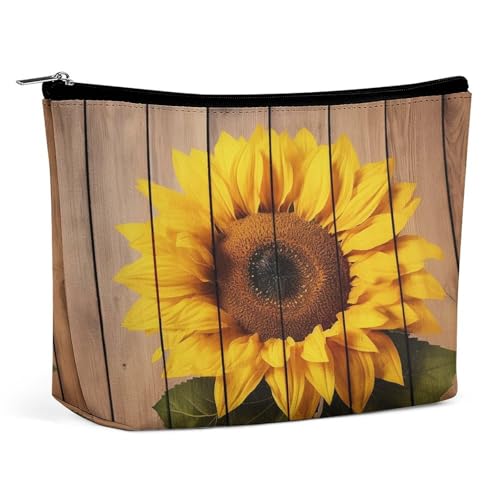 Wasserdichte Reise-Make-up-Tasche, Organizer, PU-Leder, Sonnenblume mit Holz-Kosmetiktaschen, kleiner Kulturbeutel, niedlich, tragbare Reißverschlusstasche für Damen und Herren, Reisezubehör Wasserdichte Reise-Make-up-Tasche, Organizer, PU-Leder, Sonnenblume mit Holz-Kosmetiktaschen, kleiner Kulturbeutel, niedlich, tragbare Reißverschlusstasche für Damen und Herren, Reisezubehör von KOAYUBFC