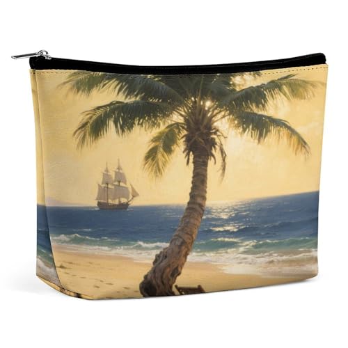 Wasserdichte Reise-Make-up-Tasche, Organizer, PU-Leder, Strand, Kokosnussbäume, Kosmetiktasche, kleiner Kulturbeutel, niedlich, tragbare Reißverschlusstasche für Damen und Herren, Reisezubehör Wasserdichte Reise-Make-up-Tasche, Organizer, PU-Leder, Strand, Kokosnussbäume, Kosmetiktasche, kleiner Kulturbeutel, niedlich, tragbare Reißverschlusstasche für Damen und Herren, Reisezubehör von KOAYUBFC
