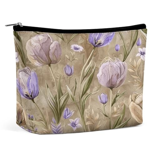 Wasserdichte Reise-Make-up-Tasche, Organizer, PU-Leder, Tulpen und Wildblumen, Kosmetiktasche, kleiner Kulturbeutel, niedlich, tragbare Reißverschlusstasche für Damen und Herren, Reisezubehör Wasserdichte Reise-Make-up-Tasche, Organizer, PU-Leder, Tulpen und Wildblumen, Kosmetiktasche, kleiner Kulturbeutel, niedlich, tragbare Reißverschlusstasche für Damen und Herren, Reisezubehör von KOAYUBFC