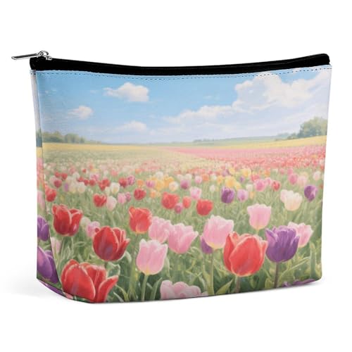 Wasserdichte Reise-Make-up-Tasche, Organizer, PU-Leder, Tulpenfelder, Kosmetiktasche, kleiner Kulturbeutel, niedlich, tragbare Reißverschlusstasche für Damen und Herren, Reisezubehör Wasserdichte Reise-Make-up-Tasche, Organizer, PU-Leder, Tulpenfelder, Kosmetiktasche, kleiner Kulturbeutel, niedlich, tragbare Reißverschlusstasche für Damen und Herren, Reisezubehör von KOAYUBFC