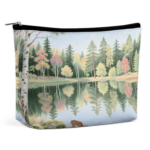 Wasserdichte Reise-Make-up-Tasche, Organizer, PU-Leder, Waldsee, Kosmetiktasche, kleiner Kulturbeutel, niedlich, tragbare Reißverschlusstasche für Damen und Herren, Reisezubehör von KOAYUBFC