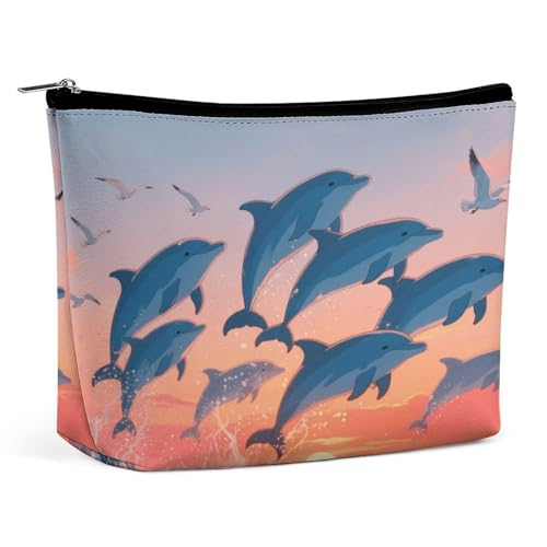 Wasserdichte Reise-Make-up-Tasche, Organizer, PU-Leder, blauer Delfin-Kosmetikbeutel, kleiner Kulturbeutel, niedlich, tragbare Reißverschlusstasche für Damen und Herren, Reisezubehör Wasserdichte Reise-Make-up-Tasche, Organizer, PU-Leder, blauer Delfin-Kosmetikbeutel, kleiner Kulturbeutel, niedlich, tragbare Reißverschlusstasche für Damen und Herren, Reisezubehör von KOAYUBFC