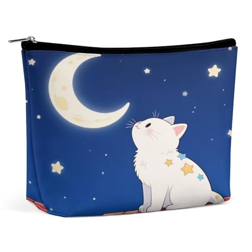 Wasserdichte Reise-Make-up-Tasche, Organizer, PU-Leder, ein Kätzchen, das auf den Mond schaut, kleine Kulturtasche, niedlich, tragbare Reißverschlusstasche für Damen und Herren, Reisezubehör Wasserdichte Reise-Make-up-Tasche, Organizer, PU-Leder, ein Kätzchen, das auf den Mond schaut, kleine Kulturtasche, niedlich, tragbare Reißverschlusstasche für Damen und Herren, Reisezubehör von KOAYUBFC