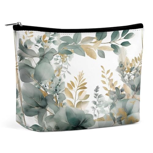 Wasserdichte Reise-Make-up-Tasche, Organizer, PU-Leder, goldfarbene und grüne Blätter, Kosmetiktasche, kleiner Kulturbeutel, niedlich, tragbare Reißverschlusstasche für Damen und Herren, Reisezubehör Wasserdichte Reise-Make-up-Tasche, Organizer, PU-Leder, goldfarbene und grüne Blätter, Kosmetiktasche, kleiner Kulturbeutel, niedlich, tragbare Reißverschlusstasche für Damen und Herren, Reisezubehör von KOAYUBFC