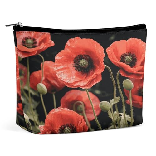 Wasserdichte Reise-Make-up-Tasche, Organizer, PU-Leder, rote Mohnblumen, Blätter, Kosmetiktasche, kleiner Kulturbeutel, niedlich, tragbare Reißverschlusstasche für Damen und Herren, Reisezubehör Wasserdichte Reise-Make-up-Tasche, Organizer, PU-Leder, rote Mohnblumen, Blätter, Kosmetiktasche, kleiner Kulturbeutel, niedlich, tragbare Reißverschlusstasche für Damen und Herren, Reisezubehör von KOAYUBFC