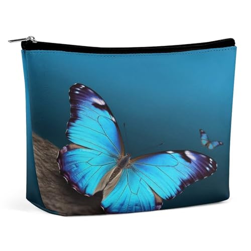 Wasserdichte Reise-Make-up-Tasche, Organizer, PU-Leder, schöne blaue Schmetterling-Kosmetiktasche, kleiner Kulturbeutel, niedlich, tragbare Reißverschlusstasche für Damen und Herren, Reisezubehör Wasserdichte Reise-Make-up-Tasche, Organizer, PU-Leder, schöne blaue Schmetterling-Kosmetiktasche, kleiner Kulturbeutel, niedlich, tragbare Reißverschlusstasche für Damen und Herren, Reisezubehör von KOAYUBFC