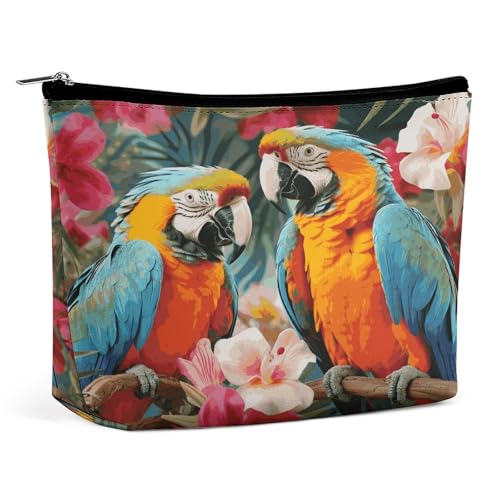 Wasserdichte Reise-Make-up-Tasche, Organizer, PU-Leder, tropische Pflanzen und Papageien, Kosmetiktasche, kleiner Kulturbeutel, niedlich, tragbare Reißverschlusstasche für Damen und Herren von KOAYUBFC