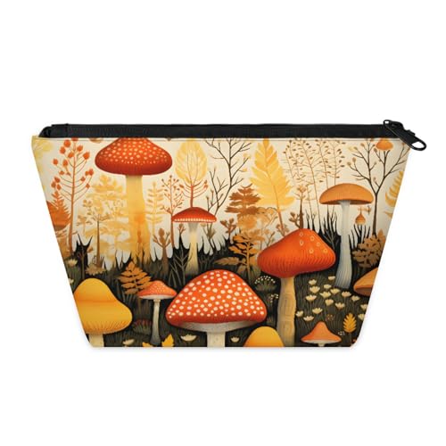 KOBLEN Autumn Mushroom Grove Kleine Kosmetiktasche für Frauen, wasserdichte Make-up-Tasche mit 2 Innentaschen aus Netzstoff, tragbare Reise-Kulturbeutel für Business, Familienausflüge, Camping, Strand von KOBLEN