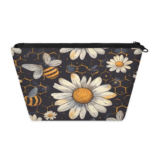 KOBLEN Daisy Bee Hexagon Kleine Kosmetiktasche für Frauen, wasserdichte Make-up-Tasche mit 2 Innentaschen aus Netzstoff, tragbare Reise-Kulturbeutel für Business, Familienausflüge, Camping, Strand von KOBLEN