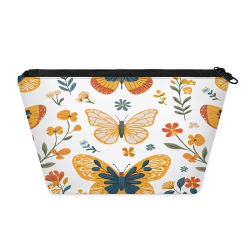 KOBLEN Folk Schmetterling Blumen Kleine Kosmetiktasche für Frauen, wasserdichte Make-up-Tasche mit 2 Innentaschen aus Netzstoff, tragbare Reise-Kulturbeutel für Business, Familienausflüge, Camping von KOBLEN