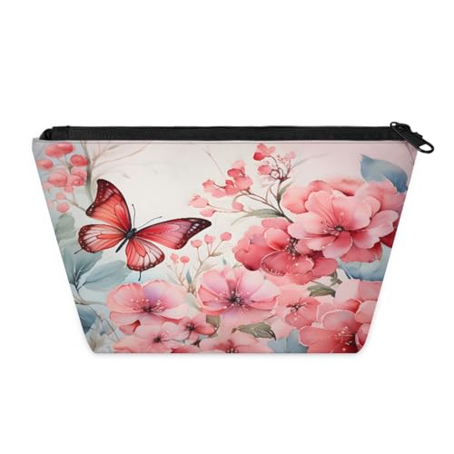 KOBLEN Kleine Kosmetiktasche für Damen, Motiv: Schmetterling unter rosa Blumen, wasserdichte Make-up-Tasche mit 2 Innentaschen aus Netzstoff, tragbare Reise-Kulturbeutel für Business, Familienausflüge von KOBLEN