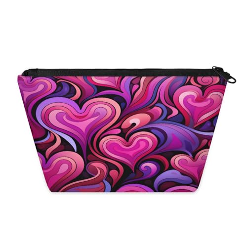 KOBLEN Rosa Herz Wirbel Kleine Kosmetiktasche für Frauen, wasserdichte Make-up-Tasche mit 2 Innentaschen aus Netzstoff, tragbare Reise-Kulturbeutel für Business, Familienausflüge, Camping, Strand von KOBLEN