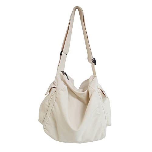 Canvas Crossbody Bag Hobo-Tasche Große Messenger Bag mit Reißverschluss for Damen Herren Schultertasche Arbeitshandtasche, weiß von KOBONA