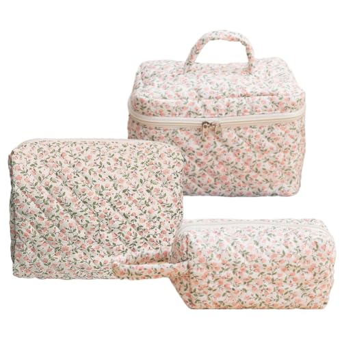 KOBONA 3 Stück Kosmetiktasche für Frauen Baumwolle gesteppt Schminktasche Kosmetikbeutel Blumen Make-up Tasche Organizer mit Reißverschluss Coquette Tragbar Kulturbeutel Kosmetiktasche von KOBONA