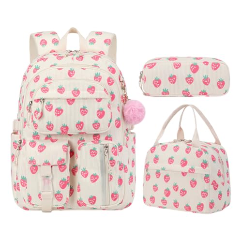 KOBONA 3pcs Strawberry Cute Girl Rucksäcke mit Lunch -Taschen -Bleistiftkoffer for Teenager -Mädchen von KOBONA
