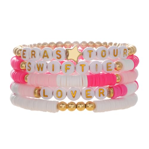 KOBONA 5-teiliges Freundschaftsarmband-Set mit Tonperlen für Taylor-Fans, verstellbare Stretch-Perlenarmbänder, Swift-Armband, Preppy-Armband, von neuen Alben inspirierte Armbänder für Teena von KOBONA