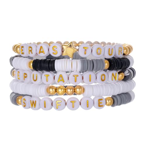 KOBONA 5-teiliges Freundschaftsarmband-Set mit Tonperlen für Taylor-Fans, verstellbare Stretch-Perlenarmbänder, Swift-Armband, Preppy-Armband, von neuen Alben inspirierte Armbänder für Teena von KOBONA