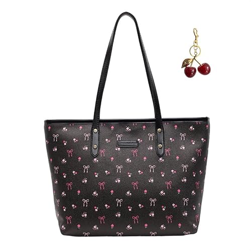 KOBONA Frauen Kirschdruck PU -Tasche Kirschschlüsselkette süße große Umhängetasche (schwarz) von KOBONA