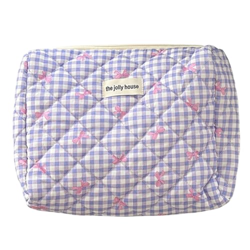 KOBONA Karierte Kosmetiktasche mit niedlicher Schleife und Reißverschluss, Reise-Make-up-Tasche, Baumwolle, gesteppt, Make-up-Organizer, Aufbewahrungstasche for Frauen und Mädchen von KOBONA