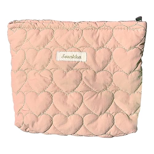 KOBONA Lippenstift-Aufbewahrungstasche aus gesteppter Baumwolle mit Reißverschluss, großes Fassungsvermögen, Clutch, Kosmetiktasche, herzförmige Make-up-Organizer-Tasche for Damen und Mädche von KOBONA