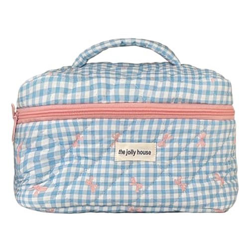 KOBONA Reise-Make-up-Beutel mit Karierter, süßer Schleife und Reißverschluss, Make-up-Organizer, Aufbewahrungstasche, Baumwolle, gesteppt, Kosmetik-Organizer-Etui for Frauen und Mädchen von KOBONA