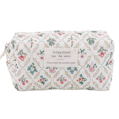 KOBONA Reise-Make-up-Beutel mit niedlichem Blumenmuster und Reißverschluss, Make-up-Organizer, Aufbewahrungstasche, Gesteppte Kosmetik-Organizer-Hülle aus Baumwolle for Frauen und Mädchen von KOBONA