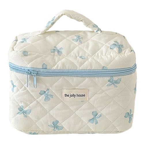 KOBONA Reise-Make-up-Beutel mit niedlicher Schleife und Reißverschluss, Make-up-Organizer, Aufbewahrungstasche, Gesteppte Kosmetiktasche aus Baumwolle for Frauen und Mädchen von KOBONA