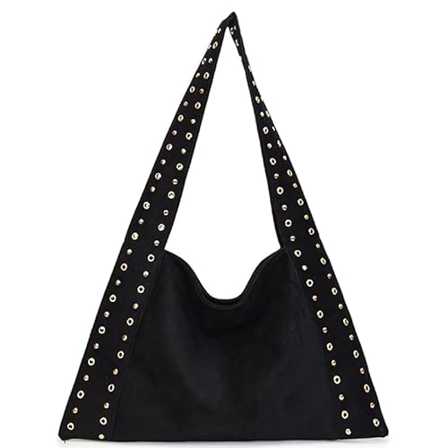 KOBONA Retro Wildleder Niethandtasche Große Tasche Handtasche Umhängetaschen for Frauen (schwarz) von KOBONA