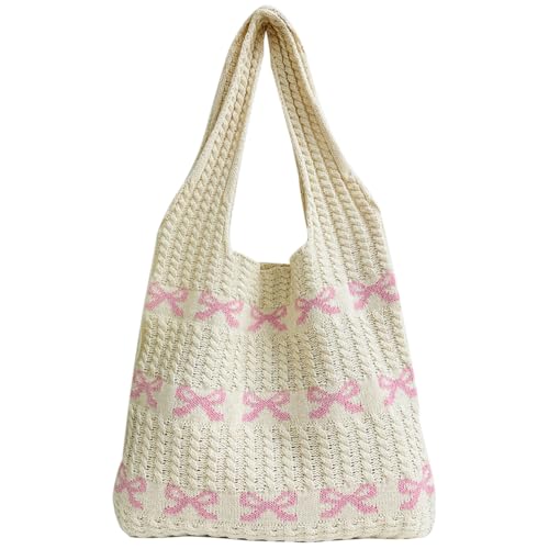 KOBONA Weiche Stricktasche for Damen, großes Fassungsvermögen, Schleifenmuster, Häkel-Umhängetasche, multifunktionale gestrickte Einkaufstasche zum Einkaufen, Reisen von KOBONA