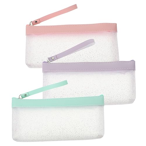 KOCKSHION 3 Stück Großes Federmäppchen Transparente Kratzfeste Stiftetasche Lila Rosa und Grün als Aufbewahrung für Schreibwaren und Kosmetik mit Praktischem Reißverschluss Design von KOCKSHION