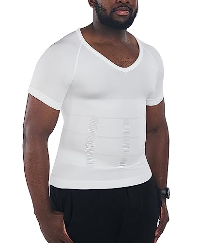 KOCLES Gynäkomastie Kompressionsshirts für Herren, Shapewear Slimming Body Shaper Unterhemd, V-Ausschnitt Baselayer T-Shirt Workout, V-Ausschnitt, Weiß, L von KOCLES