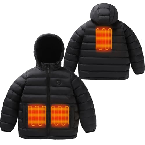 KODMNSW Beheizbare Jacke für Kinder Winterjacke Heizjacke mit Abnehmbarer Kapuze 3 Zonen Heizung Wärmejacke Daunenjacke mit Heizung (Ohne Akku) Steppjacke Puffer Jacke Jungen Mädchen Schwarz 14 Jahre von KODMNSW