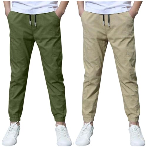 KODMNSW 2er Pack Hosen Jungen Baumwolle Leinen Hose Dünn Sommerhose Robust Arbeitshose Leinenhose Haremshose Einfarbig Outdoorhose Freizeithose 3-13 Jahre 2025 Grün 10 Jahre von KODMNSW
