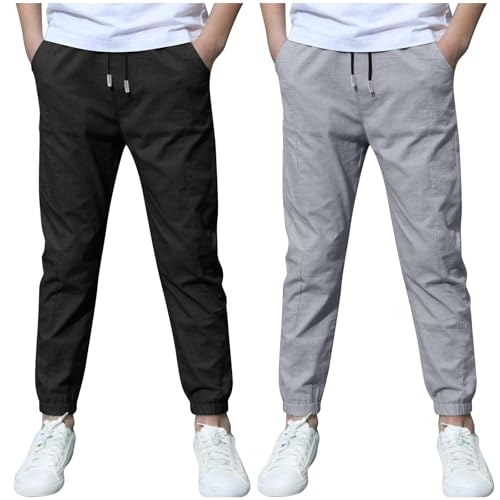 KODMNSW 2er Pack Hosen Jungen Baumwolle Leinen Hose Dünn Sommerhose Robust Arbeitshose Leinenhose Haremshose Einfarbig Outdoorhose Freizeithose 3-13 Jahre Dunkelgrau 4 Jahre von KODMNSW
