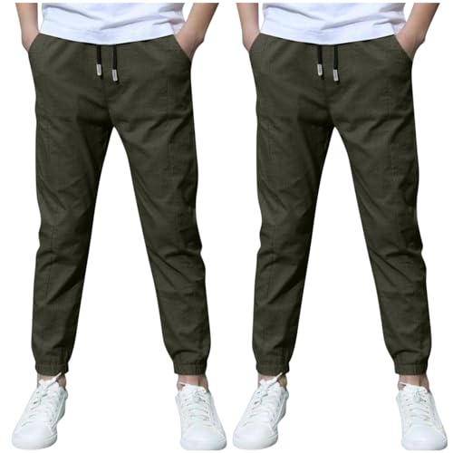KODMNSW 2er Pack Hosen Jungen Baumwolle Leinen Hose Dünn Sommerhose Robust Arbeitshose Leinenhose Haremshose Einfarbig Outdoorhose Freizeithose 3-13 Jahre Armeegrün 10 Jahre von KODMNSW