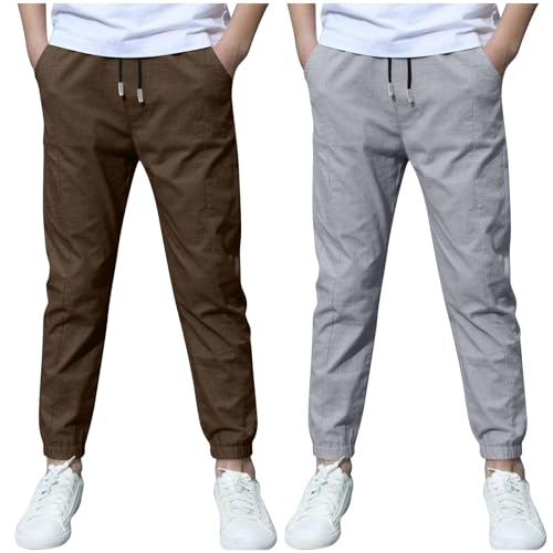 KODMNSW 2er Pack Hosen Jungen Baumwolle Leinen Hose Dünn Sommerhose Robust Arbeitshose Leinenhose Haremshose Einfarbig Outdoorhose Freizeithose 3-13 JahreGrau 8 Jahre von KODMNSW