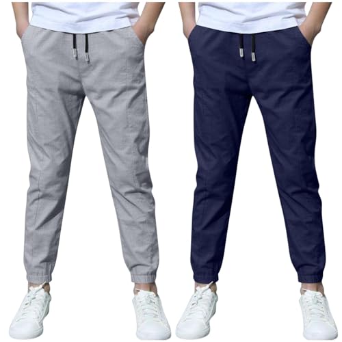 KODMNSW 2er Pack Hosen Jungen Baumwolle Leinen Hose Dünn Sommerhose Robust Arbeitshose Leinenhose Haremshose Einfarbig Outdoorhose Freizeithose 3-13 Jahre Outlet Angebote Dunkelblau 12 Jahre von KODMNSW