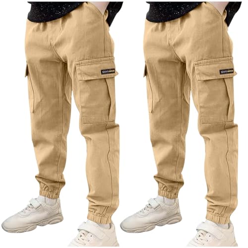 KODMNSW 2er Pack Hosen Jungen Cargohose Jogginghose Sporthose Robust Arbeitshose Outdoorhose Freizeithose mit Tasche Sommerhose für Jungs 3-13 Jahre Khaki 8 Jahre von KODMNSW
