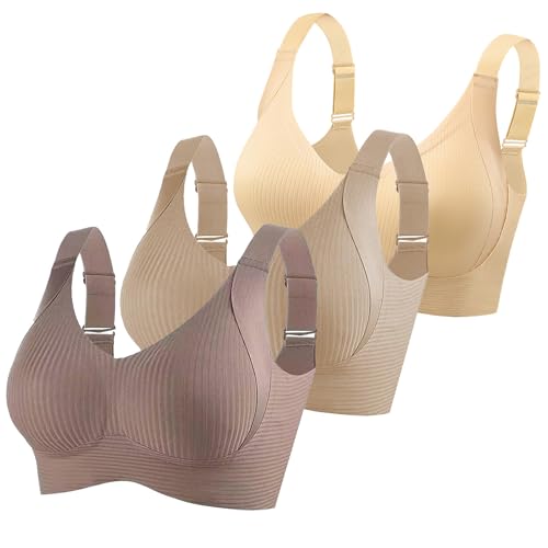 KODMNSW 3er Pack BH Damen Ohne Bügel Große Brüste Starker Halt Bra Push Up Seamless Weich Bequem BHS Gepolstert Verstellbarer Vollschalen Bustier Klassische Büstenhalter Beige L von KODMNSW