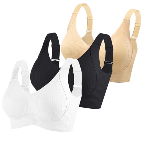 KODMNSW 3er Pack BH Damen Ohne Bügel Große Brüste Starker Halt Bra Push Up Seamless Weich Bequem BHS Gepolstert Verstellbarer Vollschalen Bustier Klassische Büstenhalter Beige 5XL von KODMNSW