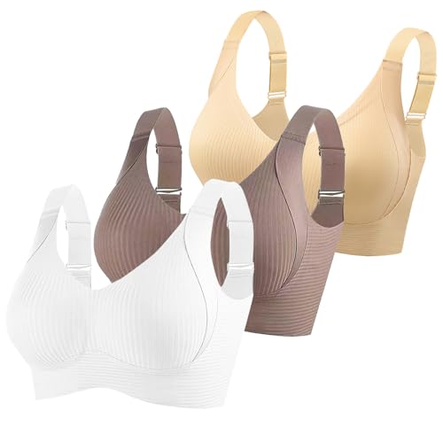 KODMNSW 3er Pack BH Damen Ohne Bügel Große Brüste Starker Halt Bra Push Up Seamless Weich Bequem BHS Gepolstert Verstellbarer Vollschalen Bustier Klassische Büstenhalter Beige 3XL von KODMNSW