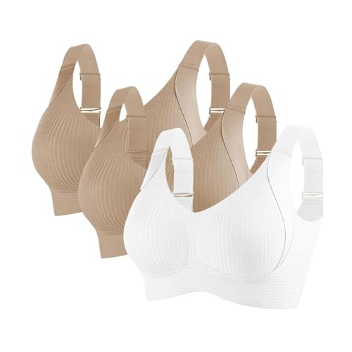 KODMNSW 3er Pack BH Damen Ohne Bügel Große Brüste Starker Halt Bra Push Up Seamless Weich Bequem BHS Gepolstert Verstellbarer Vollschalen Bustier Klassische Büstenhalter Khaki L von KODMNSW