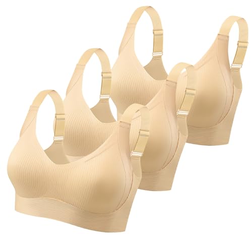 KODMNSW 3er Pack BH Damen Ohne Bügel Große Brüste Starker Halt Bra Push Up Seamless Weich Bequem BHS Gepolstert Verstellbarer Vollschalen Bustier Klassische Büstenhalter Beige XL von KODMNSW