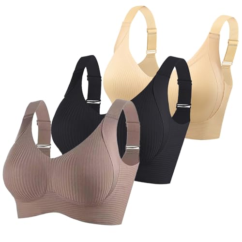 KODMNSW 3er Pack BH Damen Ohne Bügel Große Brüste Starker Halt Bra Push Up Seamless Weich Bequem BHS Gepolstert Verstellbarer Vollschalen Bustier Klassische Büstenhalter Beige 5XL von KODMNSW