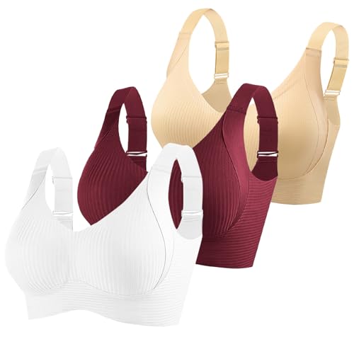 KODMNSW 3er Pack BH Damen Ohne Bügel Push Up BHS Seamless Bra Starker Halt Nahtlose Soft Bustier Komfort Vollschalen Gepolstert Büstenhalter Verstellbar Unterwäsche Beige L von KODMNSW