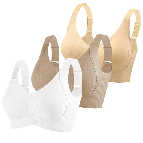 KODMNSW 3er Pack BH Damen Ohne Bügel Push Up BHS Seamless Bra Starker Halt Nahtlose Soft Bustier Komfort Vollschalen Gepolstert Büstenhalter Verstellbar Unterwäsche Beige XL von KODMNSW