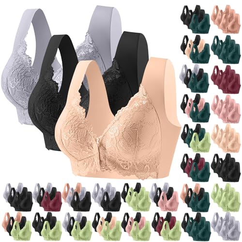 KODMNSW 3er Pack BH Damen Ohne Bügel Vorne Vershcluss Spitze Push Up BHS Große Brüste Starker Halt Bra Bequem Damen-BHS Bügelloser Klassischer BH Seamless Nahtloser Vollschalen Bustier Beige 3XL von KODMNSW