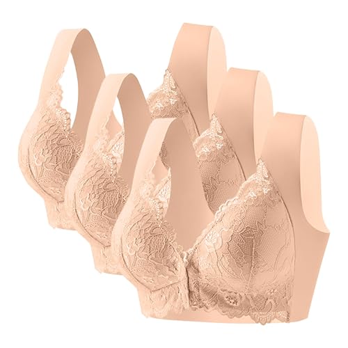 KODMNSW 3er Pack BH Damen Ohne Bügel Vorne Vershcluss Spitze Push Up BHS Große Brüste Starker Halt Bra Bequem Damen-BHS Bügelloser Klassischer BH Seamless Nahtloser Vollschalen Bustier Beige M von KODMNSW